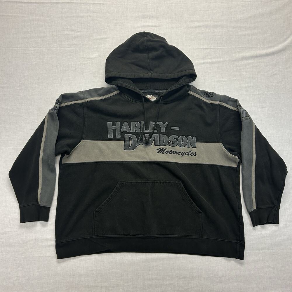 VTG Y2K Harley-Davidson Heavyweight Hoodie Men's 2XL Black Gray Embroidered Logo